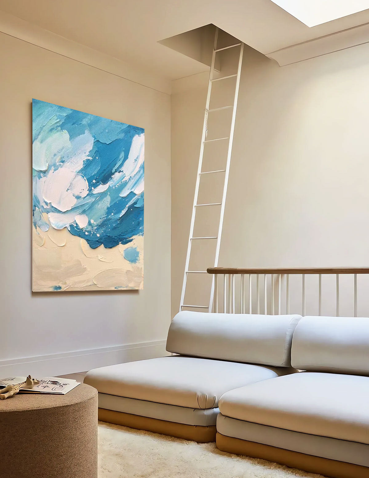 Serene Beach and Ocean Abstract Oil Painting for Coastal Home Decor