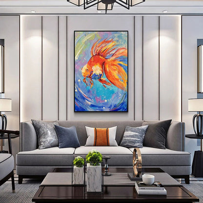 Vibrant Goldfish Oil Painting with Colorful Abstract Waves for Home Decor