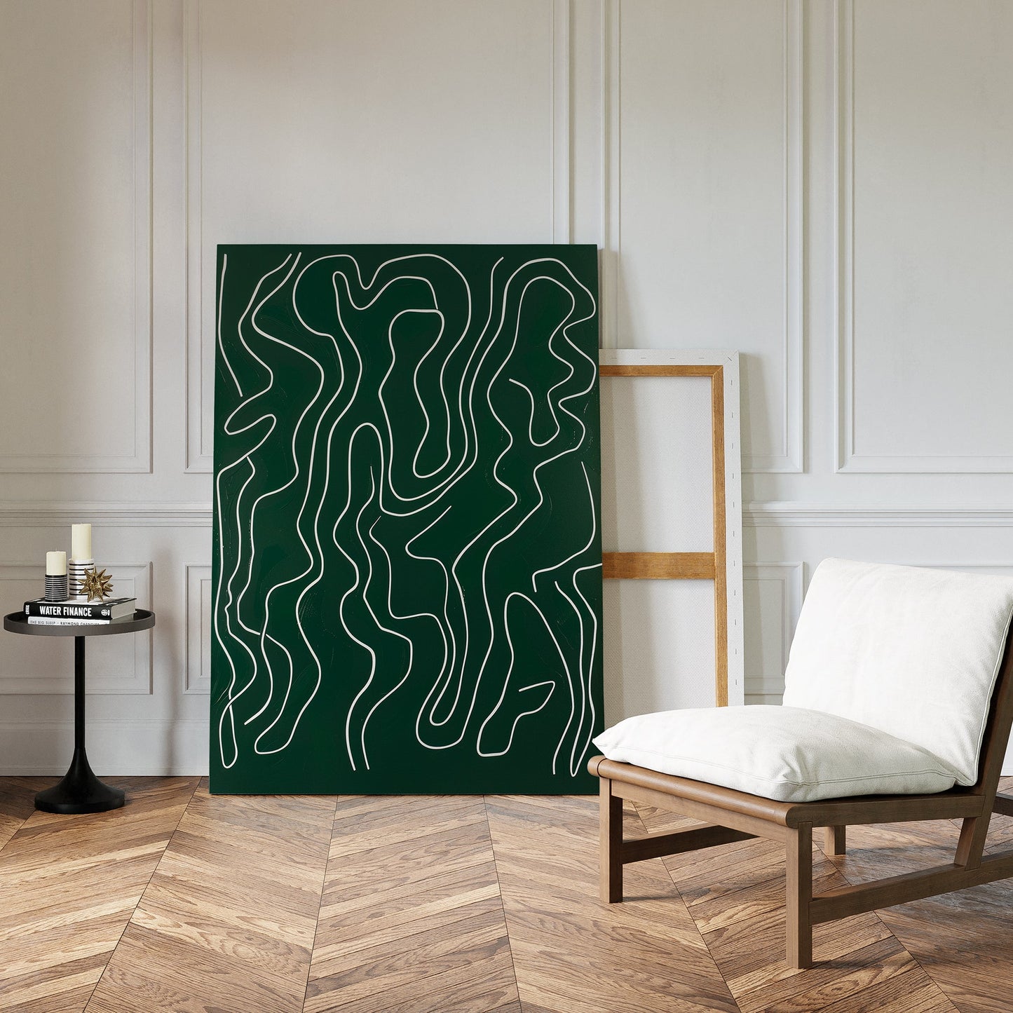 Abstract Emerald Green Canvas Art with Flowing White Lines for Modern Decor