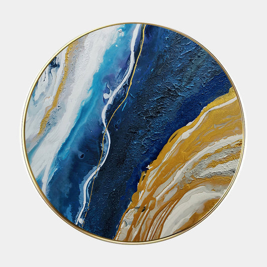 Elegant Circular Abstract Ocean-Inspired Oil Painting in Blue and Gold