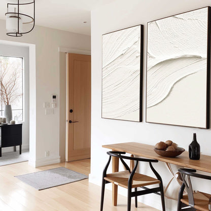 Elegant White Minimalist Abstract Oil Painting Duo for Modern Home Decor
