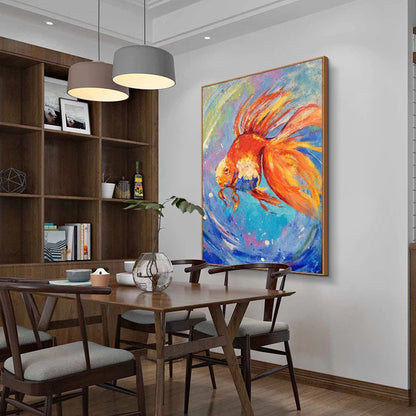 Vibrant Goldfish Oil Painting with Colorful Abstract Waves for Home Decor