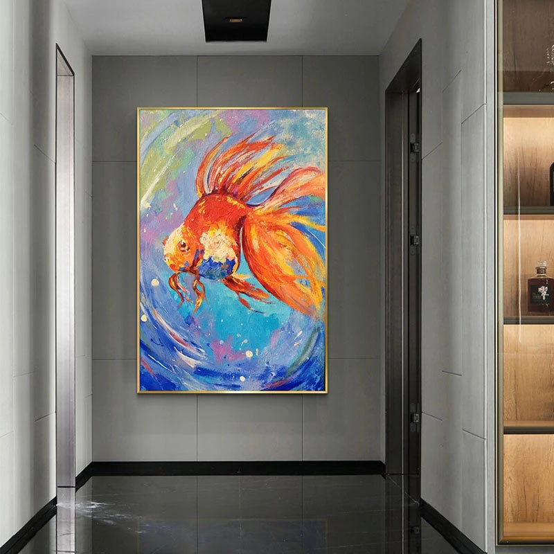 Vibrant Goldfish Oil Painting with Colorful Abstract Waves for Home Decor