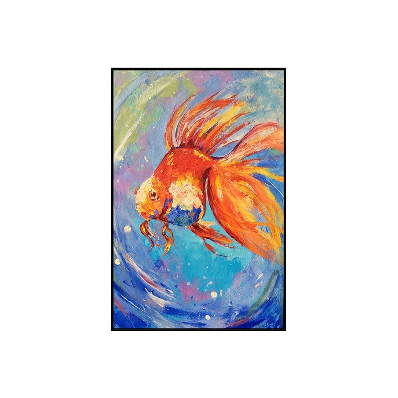 Vibrant Goldfish Oil Painting with Colorful Abstract Waves for Home Decor