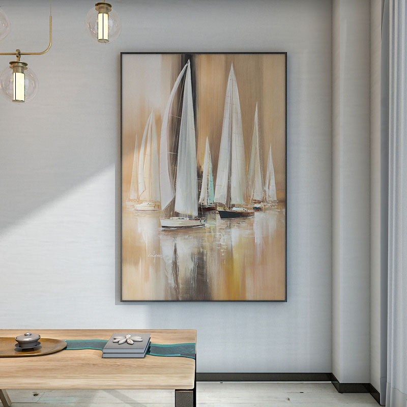 Serene Sailing: Captivating Oil Painting of Elegant Yachts on Tranquil Waters
