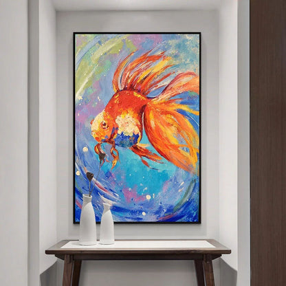 Vibrant Goldfish Oil Painting with Colorful Abstract Waves for Home Decor