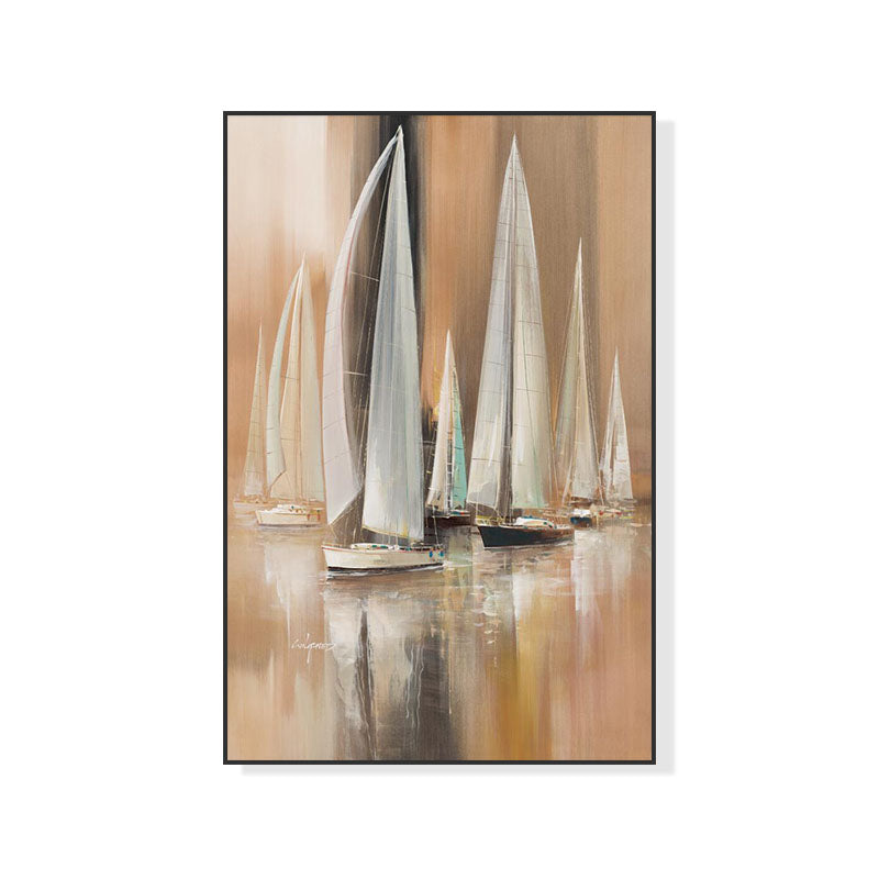 Serene Sailing: Captivating Oil Painting of Elegant Yachts on Tranquil Waters