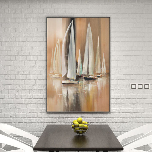 Serene Sailing: Captivating Oil Painting of Elegant Yachts on Tranquil Waters