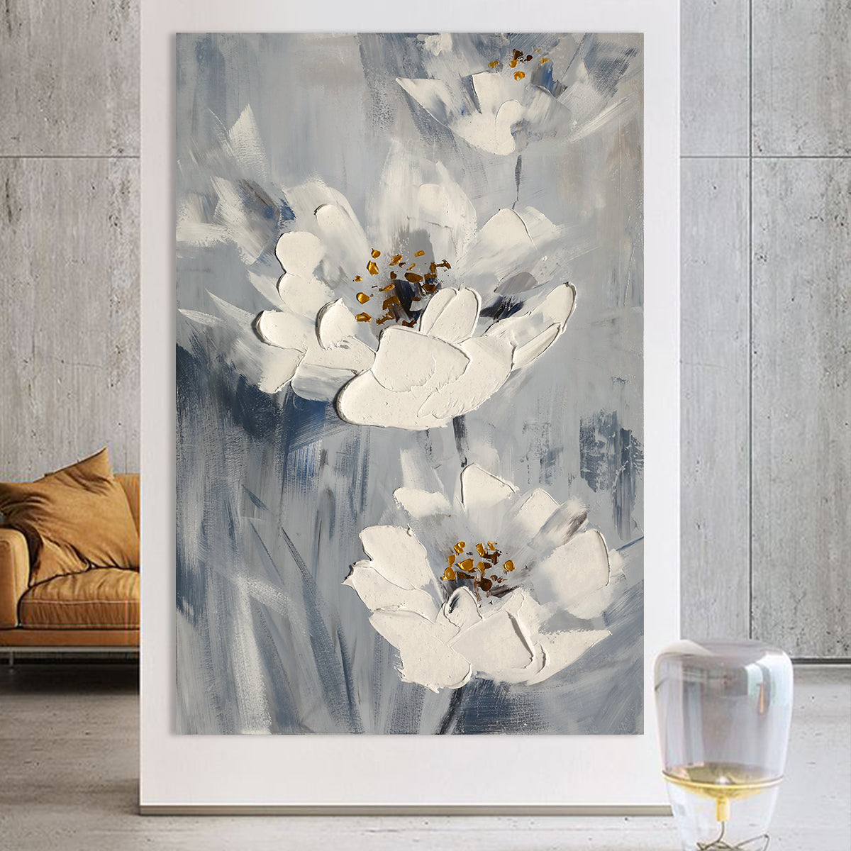 Elegant Floral Abstract Oil Painting with Textured White Blossoms