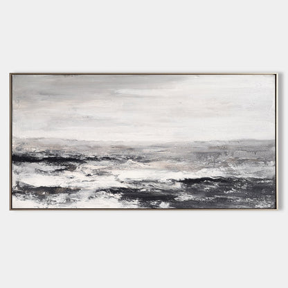 Monochrome Ocean Waves: Abstract Black and White Coastal Oil Painting for Modern Decor