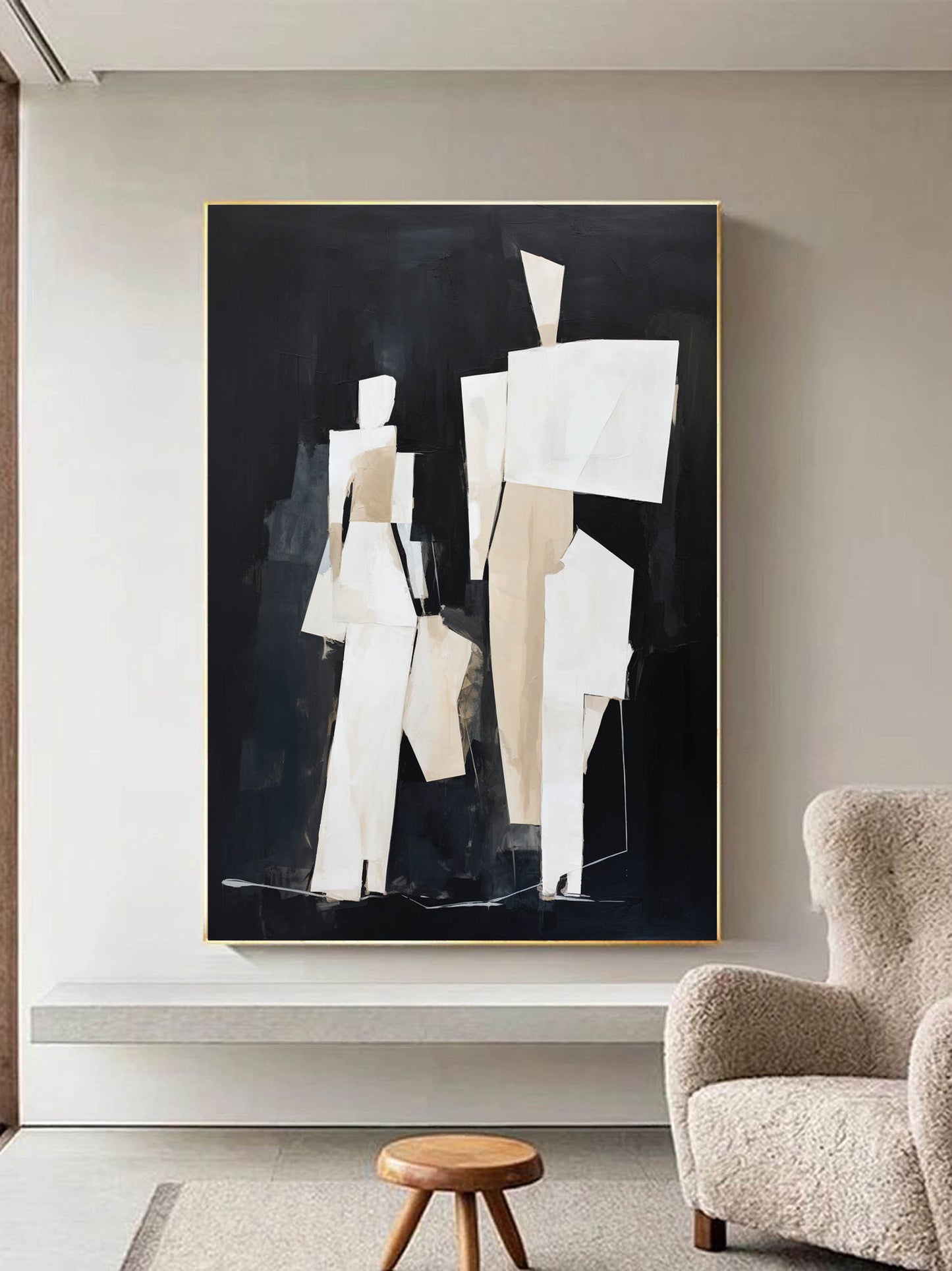 Abstract Minimalist Oil Painting of Figures in Neutral Tones and Dark Background