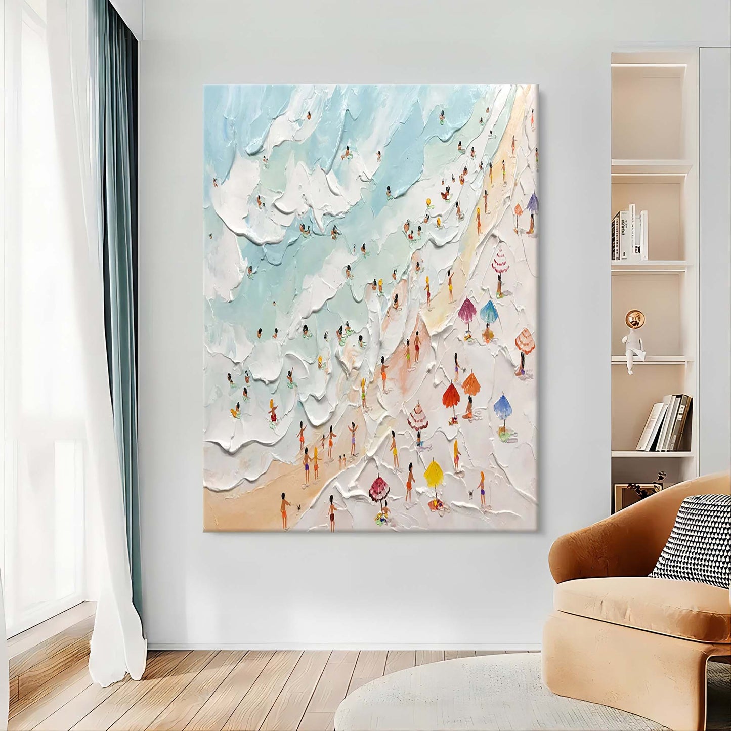 Vibrant Beach Day Oil Painting with Textured Waves and Colorful Sunbathers