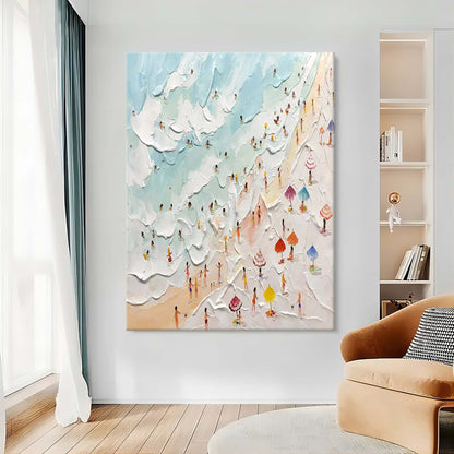 Vibrant Beach Day Oil Painting with Textured Waves and Colorful Sunbathers