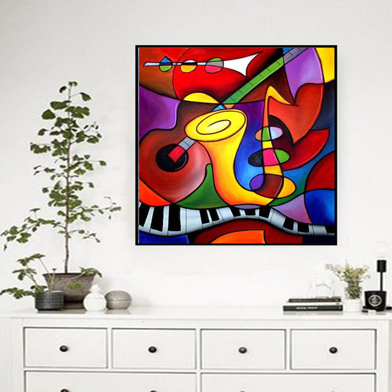 Vibrant Musical Harmony: Colorful Abstract Oil Painting of Instruments and Notes