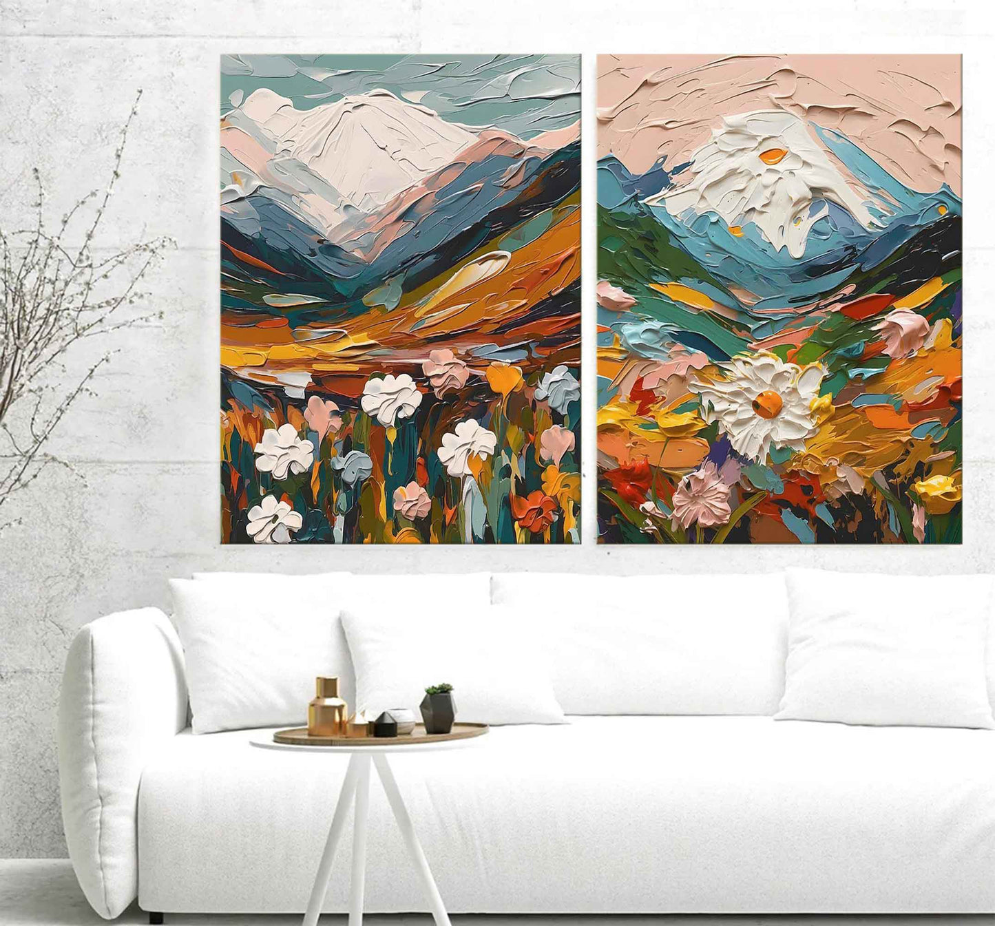 Vibrant Mountain Landscape with Colorful Flowers in Oil Paint