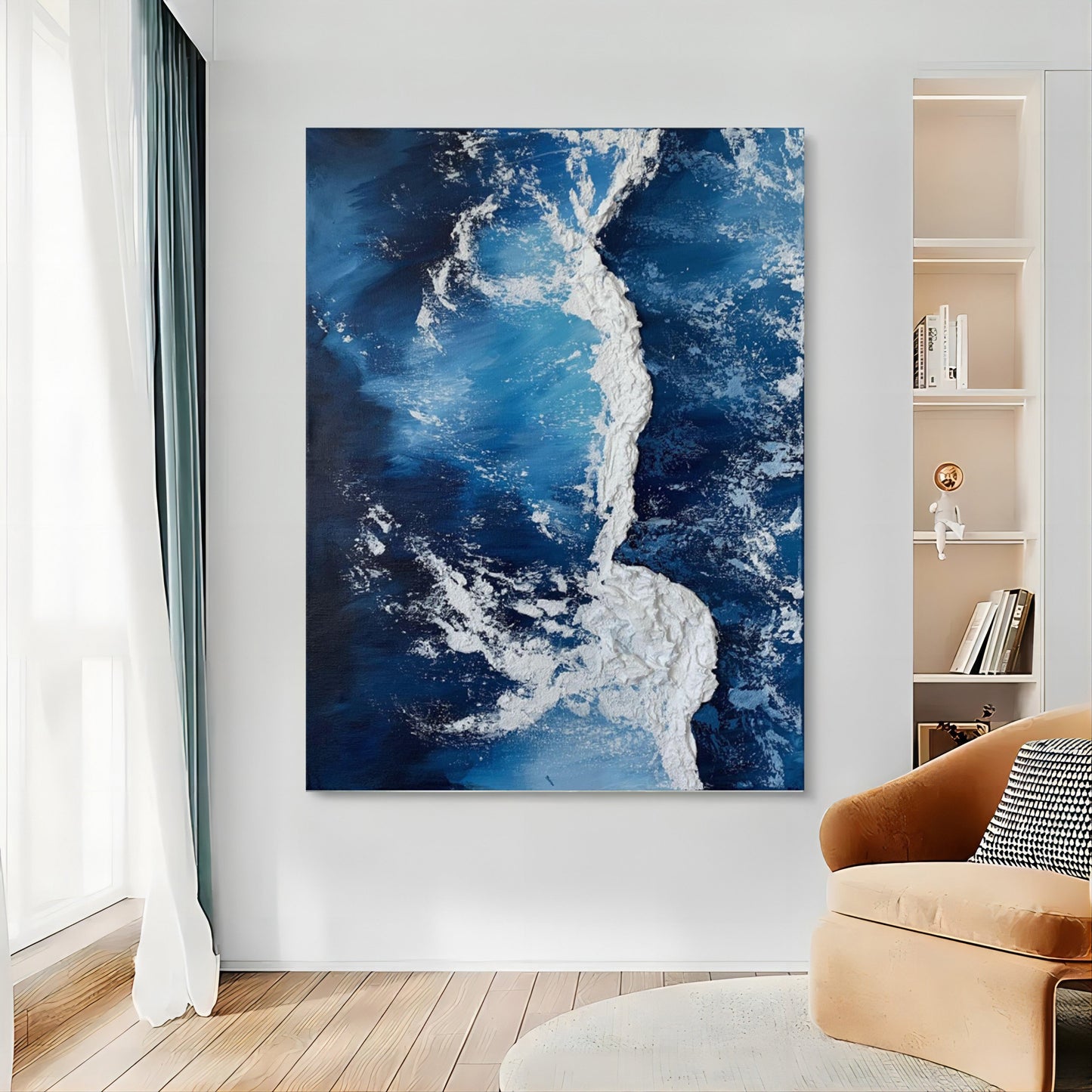 Stunning Abstract Blue Oil Painting with Textured Plaster Finish for Modern Decor