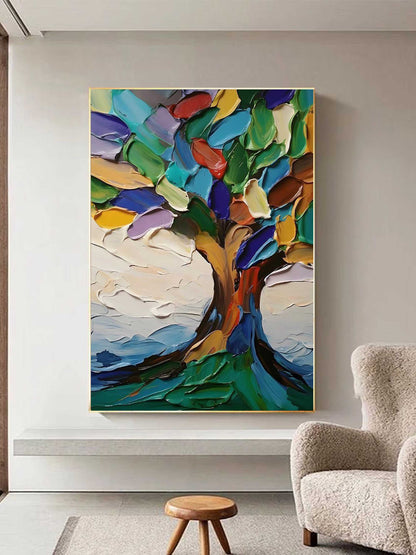 Vibrant Abstract Tree Oil Painting with Colorful Textures and Scenic Background