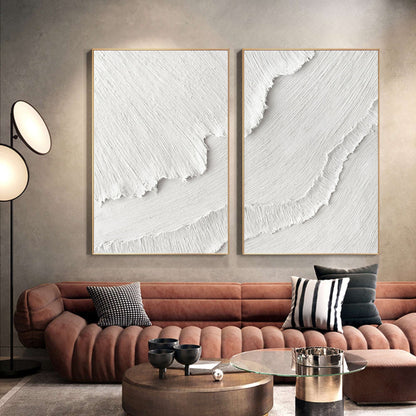 Minimalist White Textured Abstract Oil Paintings for Modern Home Decor Set of Two