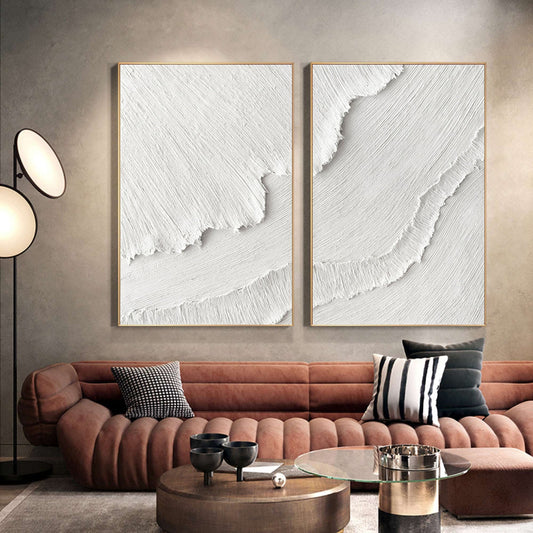 Minimalist White Textured Abstract Oil Paintings for Modern Home Decor Set of Two