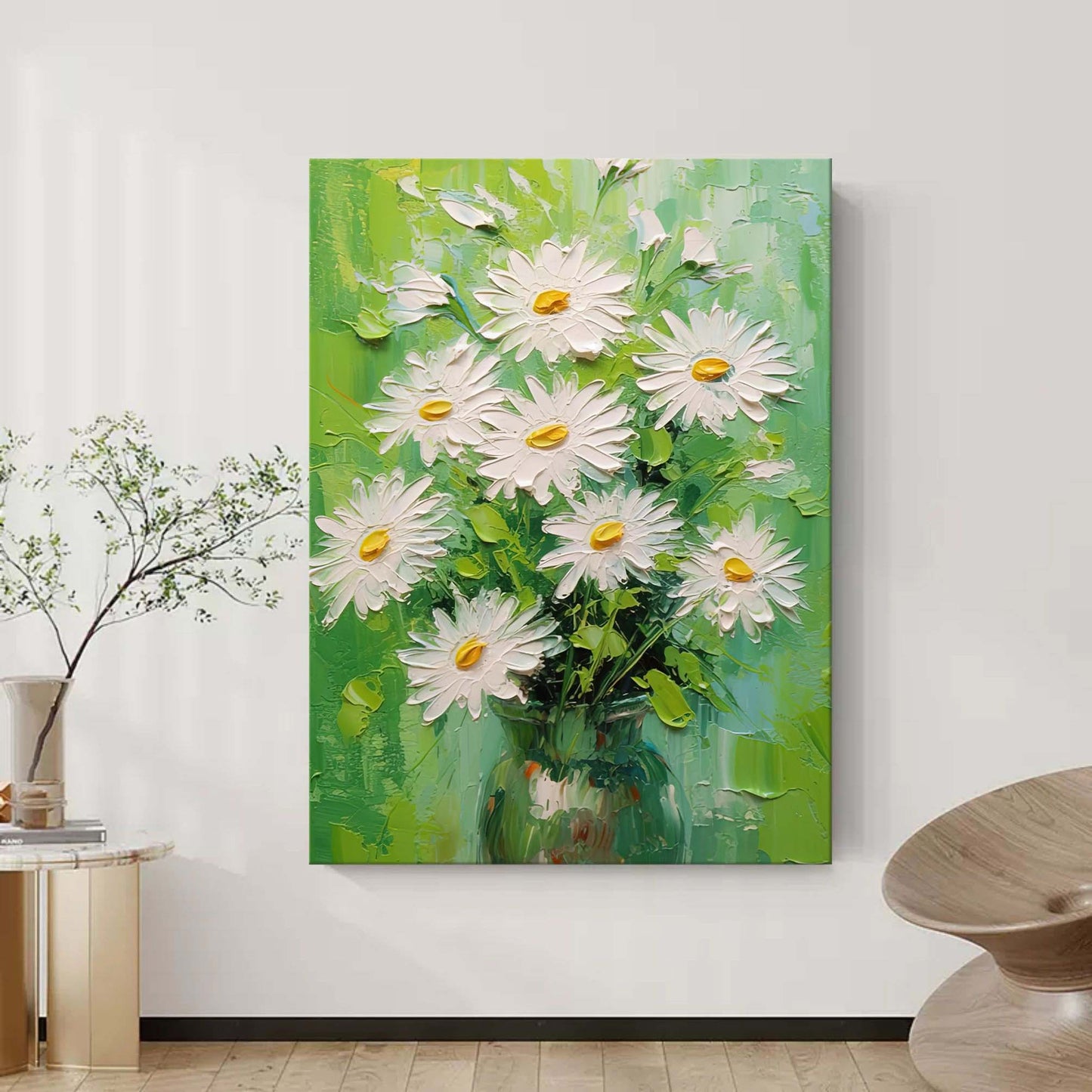 Vibrant Daisy Bouquet Oil Painting in Green and White for Bright Home Decor