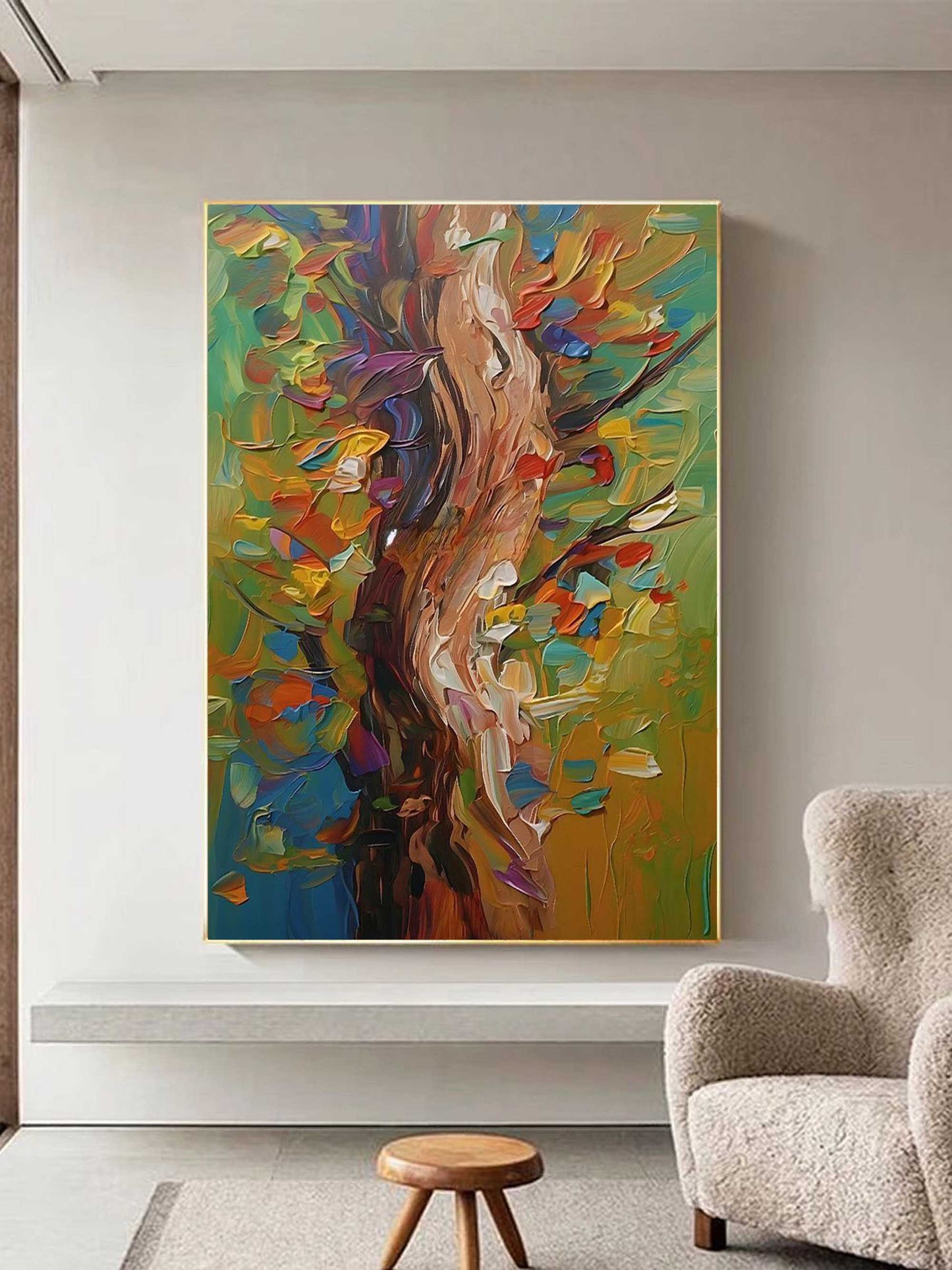 Vibrant Abstract Tree Oil Painting with Colorful Leaves and Textured Brushstrokes