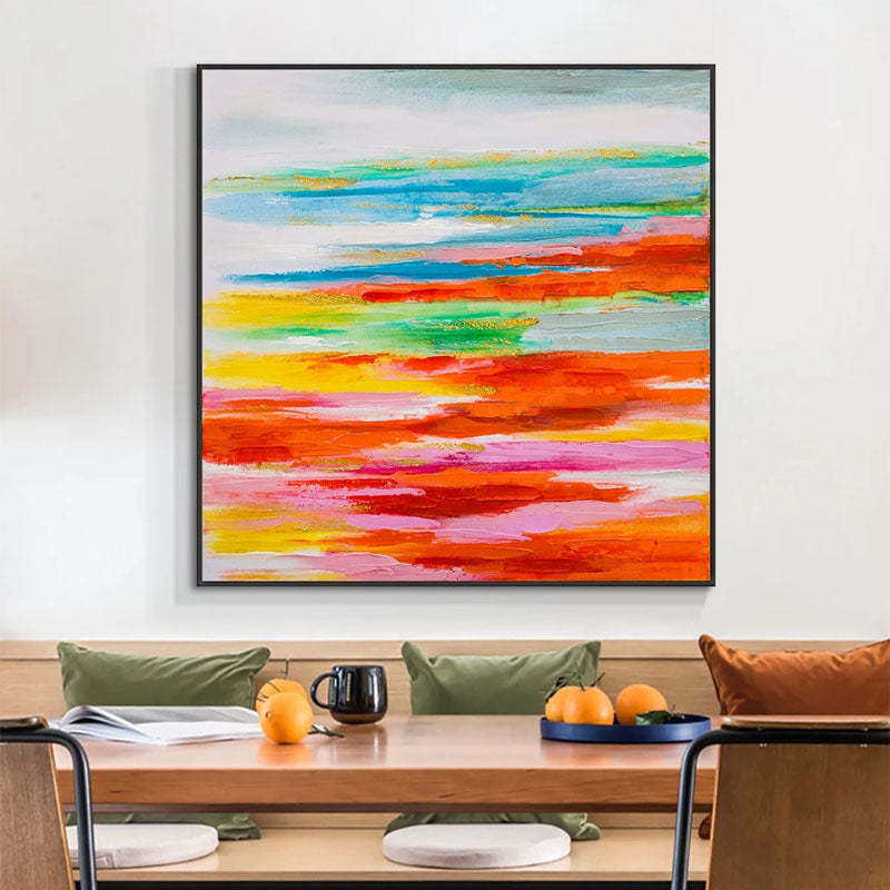 Vibrant Abstract Oil Painting of Serene Ocean Horizon in Bold Colors