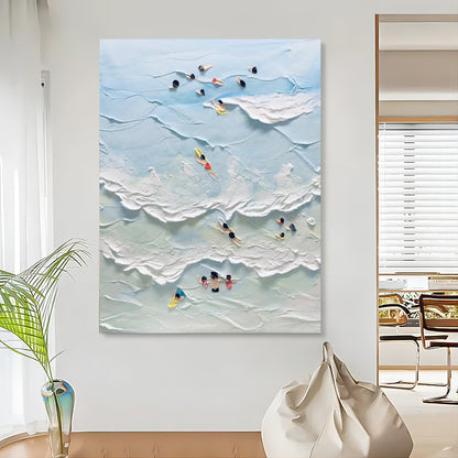 Abstract Coastal Scene with Swimmers - Textured Oil Painting Art