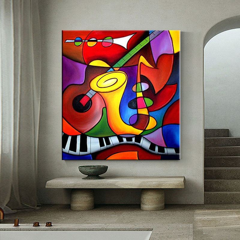 Vibrant Musical Harmony: Colorful Abstract Oil Painting of Instruments and Notes