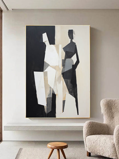 Stylish Abstract Oil Painting in Black and White for Modern Home Decor