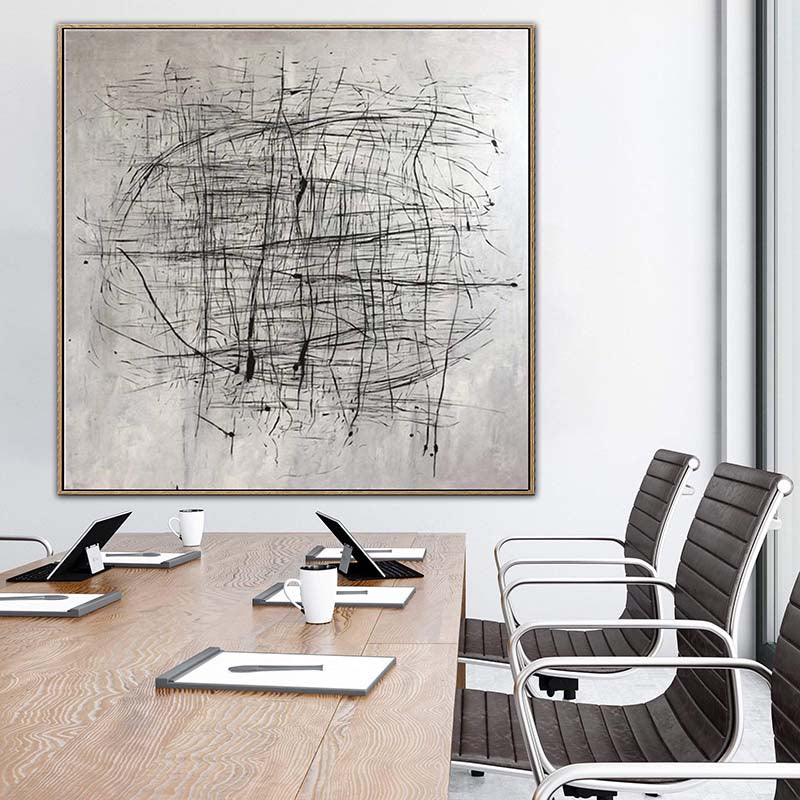 Abstract Gray Lines Oil Painting for Modern Office Decor