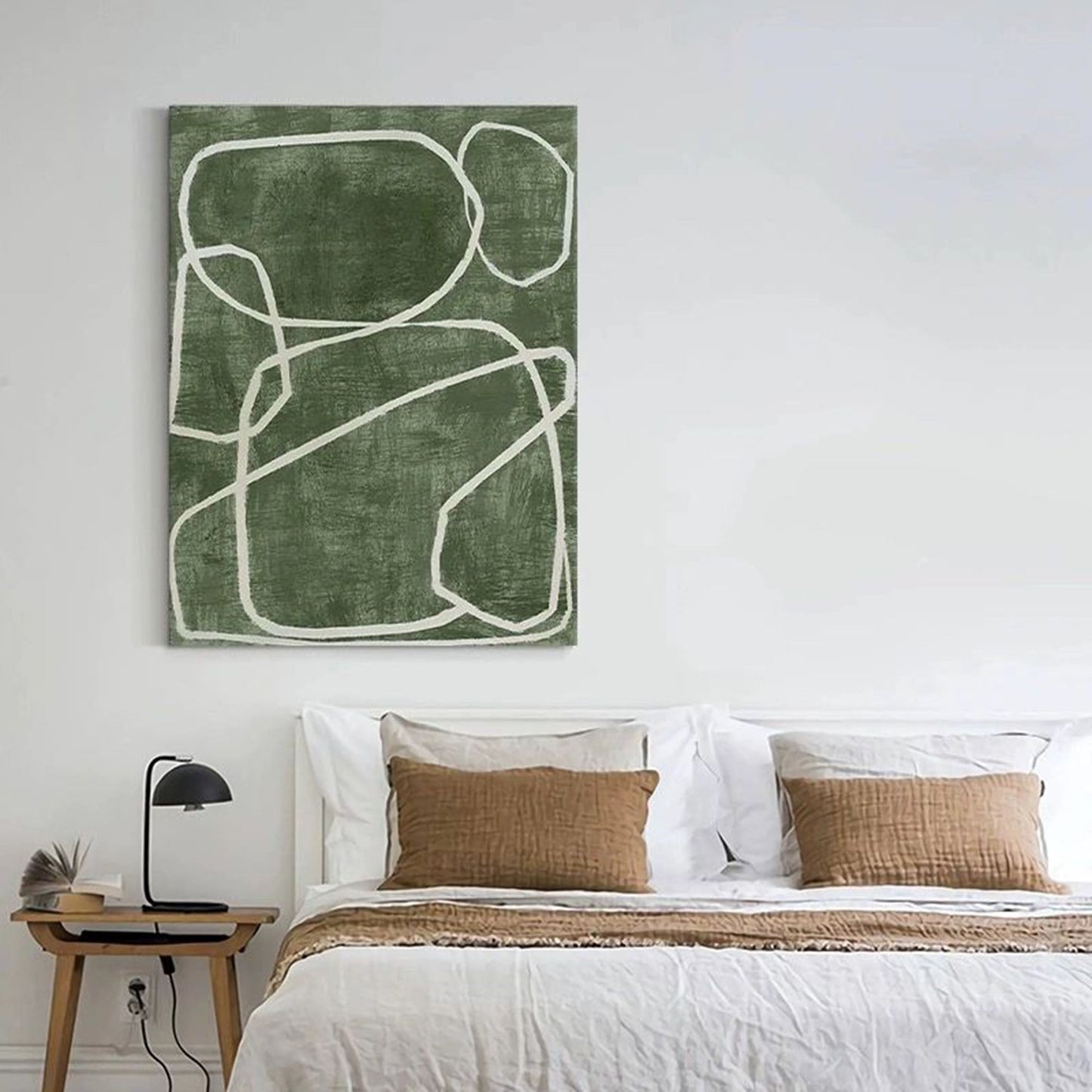 Abstract Green Oil Painting with Bold White Lines for Modern Home Decor