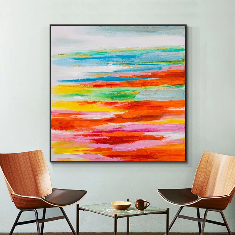 Vibrant Abstract Oil Painting of Serene Ocean Horizon in Bold Colors