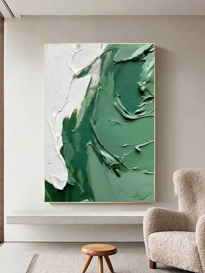 Abstract Green Textured Oil Painting with White Accents for Contemporary Home Decor