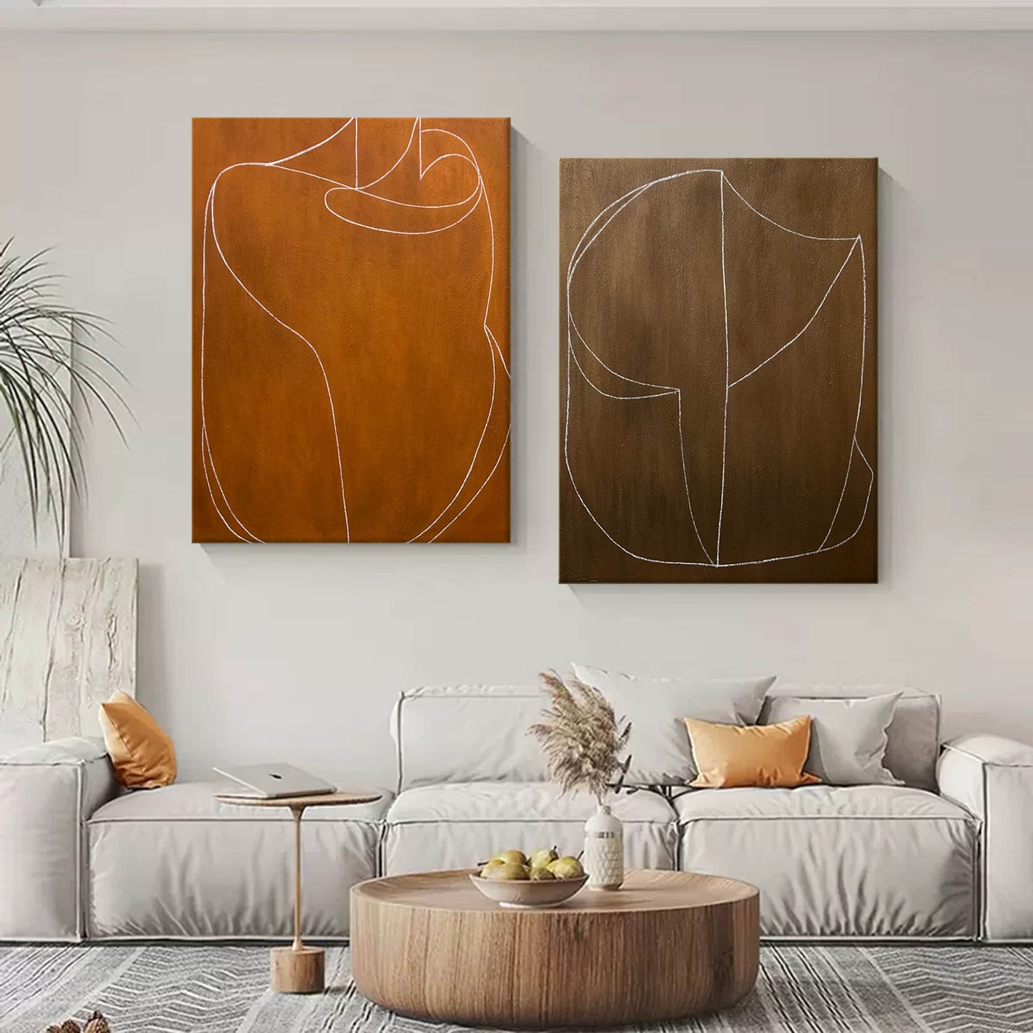 Abstract Earth Tone Oil Painting with Dynamic White Lines for Modern Decor