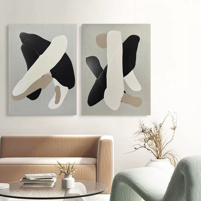 Contemporary Black and White Abstract Oil Painting Duo for Modern Decor