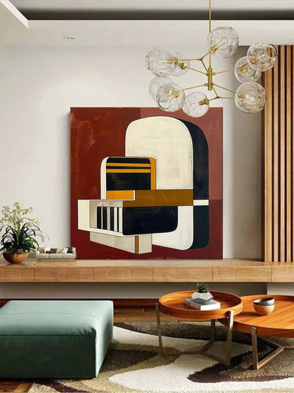 Modern Vintage Abstract Oil Painting with Bold Geometric Shapes and Warm Tones