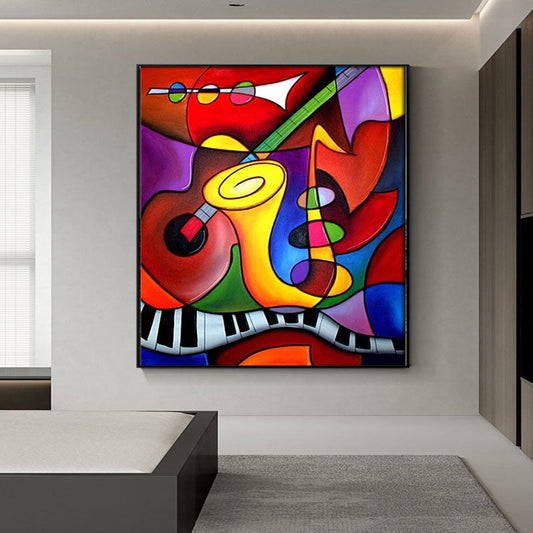 Vibrant Musical Harmony: Colorful Abstract Oil Painting of Instruments and Notes