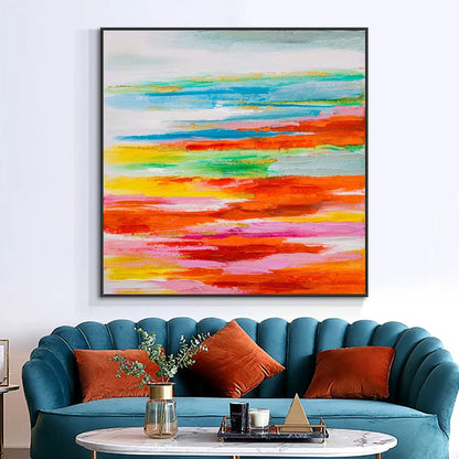 Vibrant Abstract Oil Painting of Serene Ocean Horizon in Bold Colors