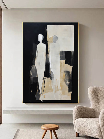 Modern Abstract Oil Painting of Figures in Minimalist Black and White Composition