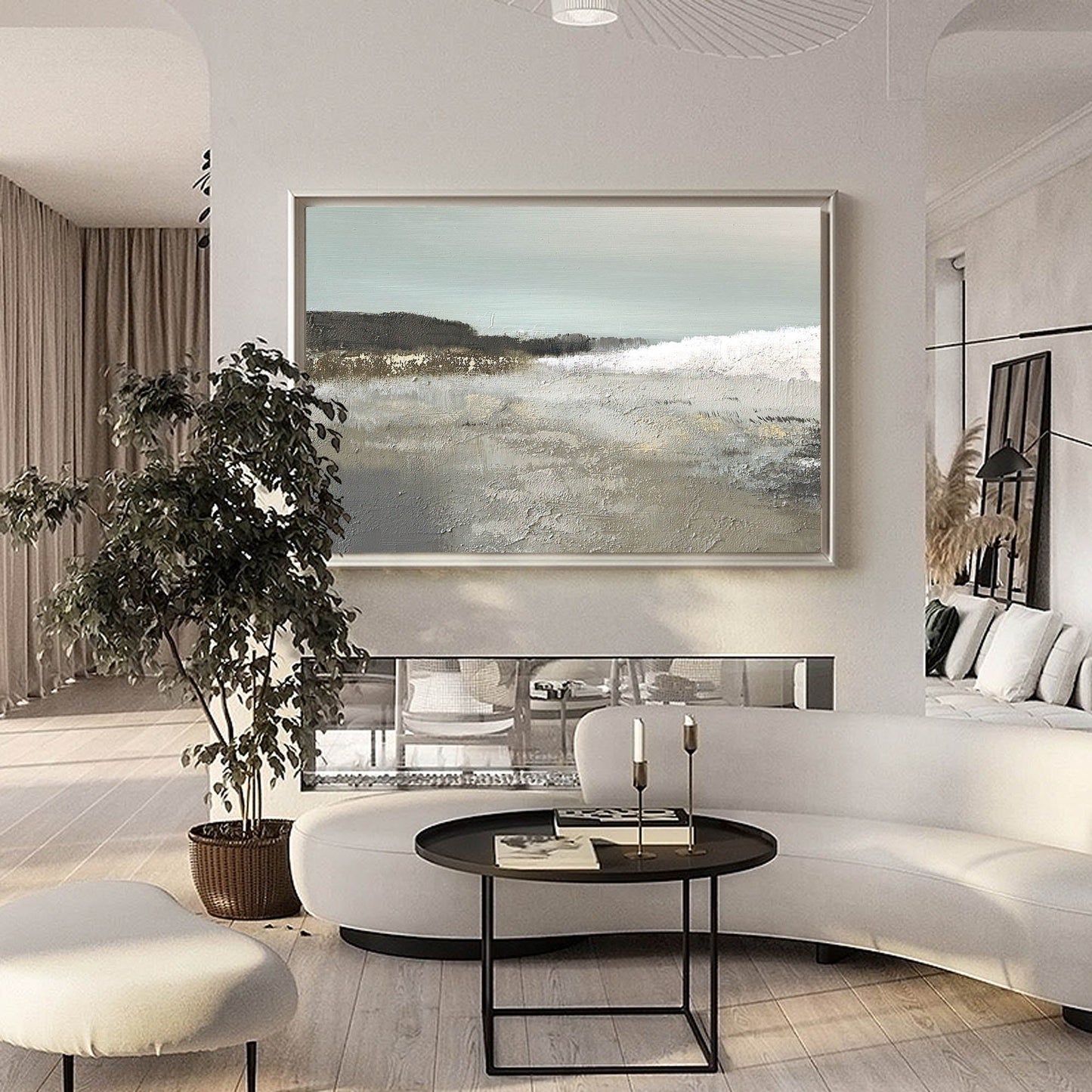 Serene Coastal Landscape Oil Painting with Soft Waves and Tranquil Tones
