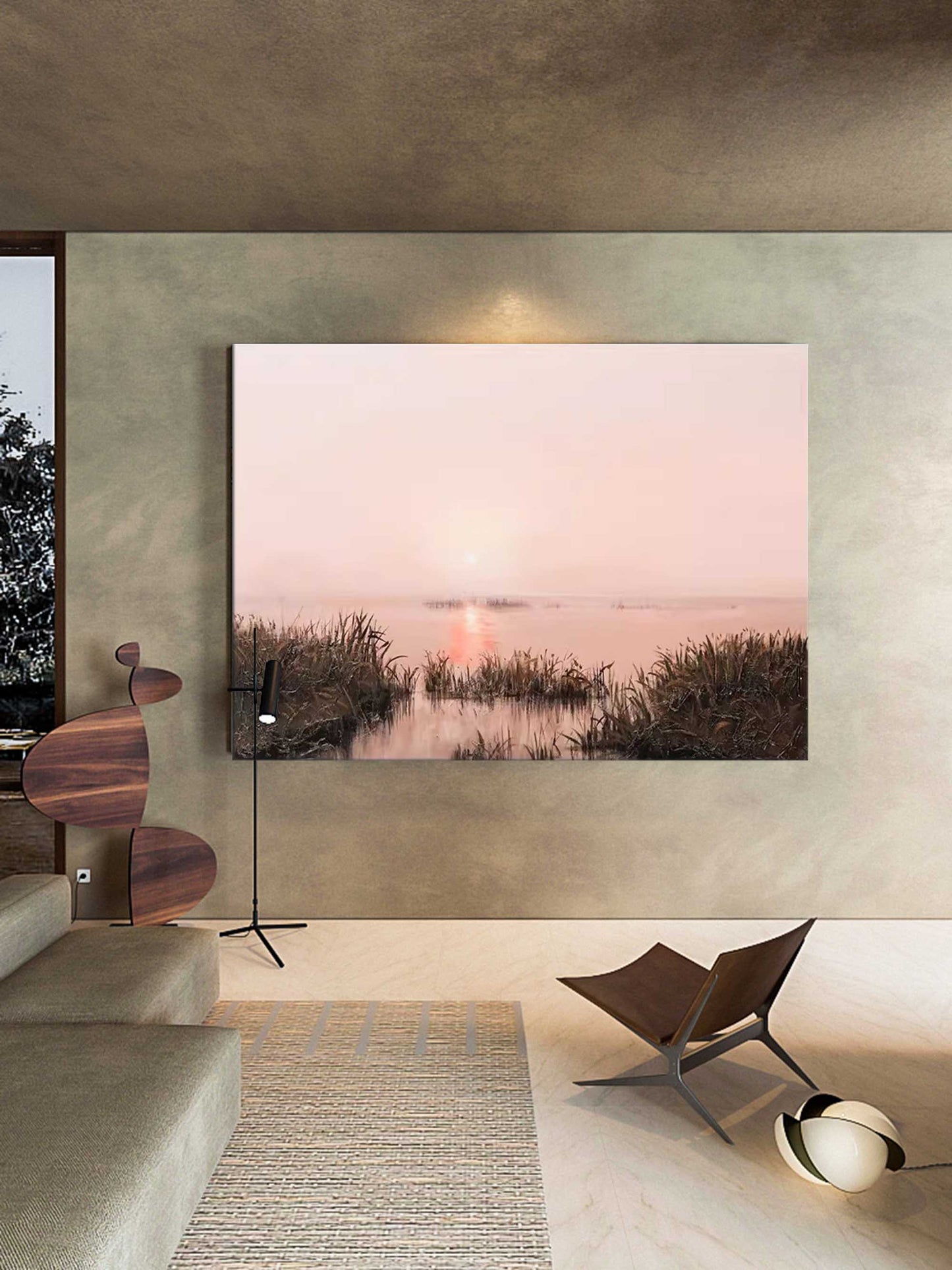 Serene Misty Landscape Oil Painting with Reflective Water at Sunset