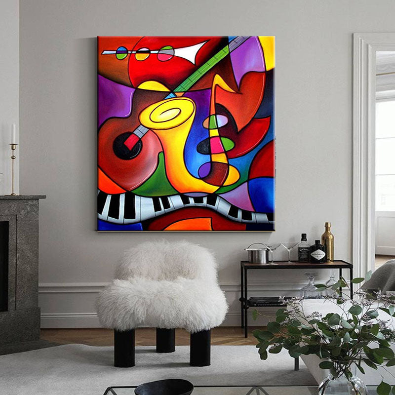 Vibrant Musical Harmony: Colorful Abstract Oil Painting of Instruments and Notes