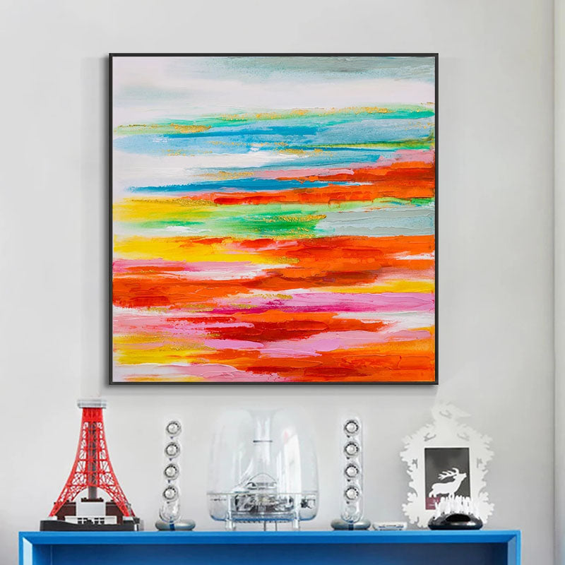 Vibrant Abstract Oil Painting of Serene Ocean Horizon in Bold Colors