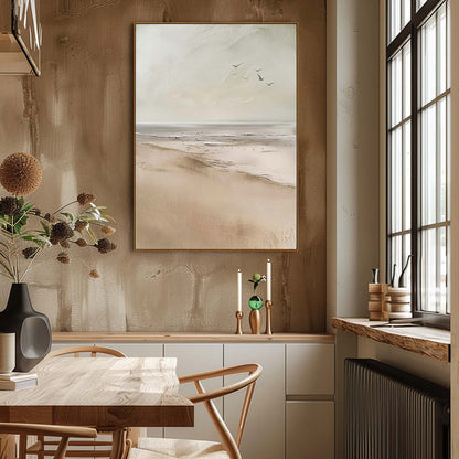 Serene Coastal Landscape Oil Painting with Soft Hues and Gentle Waves