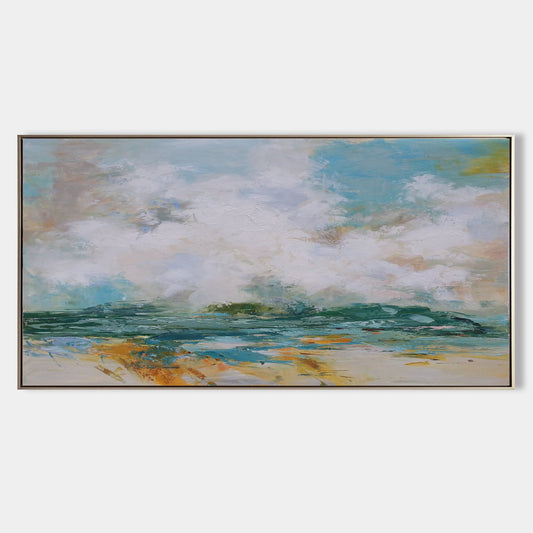 Serene Coastal Oil Painting with Captivating Blue Waves and Lush Cloudy Sky