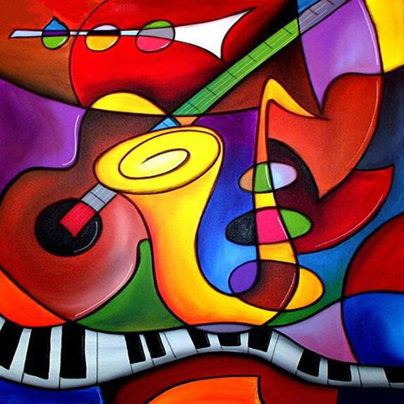 Vibrant Musical Harmony: Colorful Abstract Oil Painting of Instruments and Notes