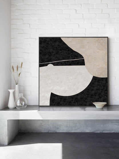 Large Minimalist Black and White Oil Painting for Modern Home Decor