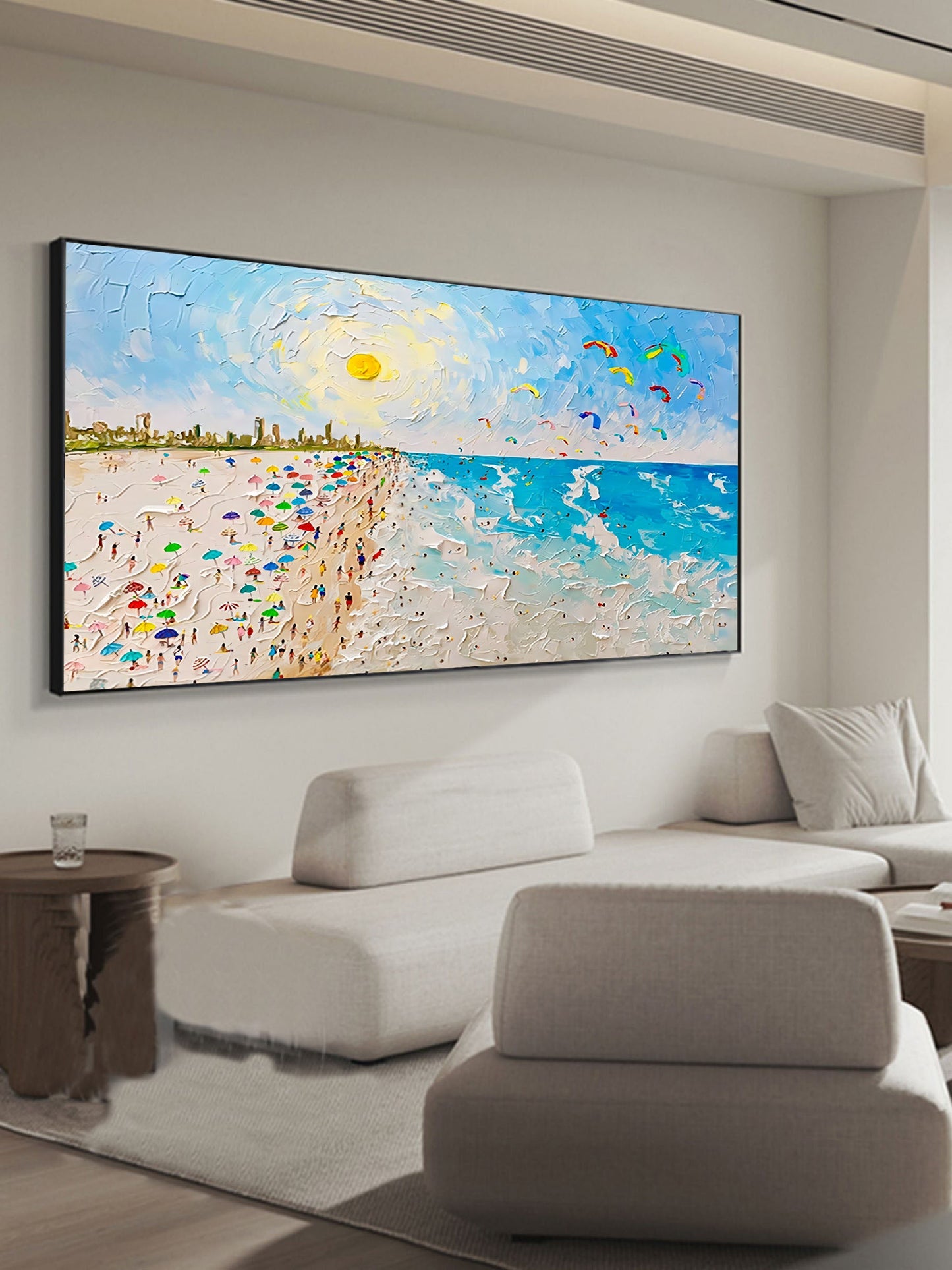 Vibrant Beach Scene with Colorful Umbrellas and Kites - Serene Summer Escape