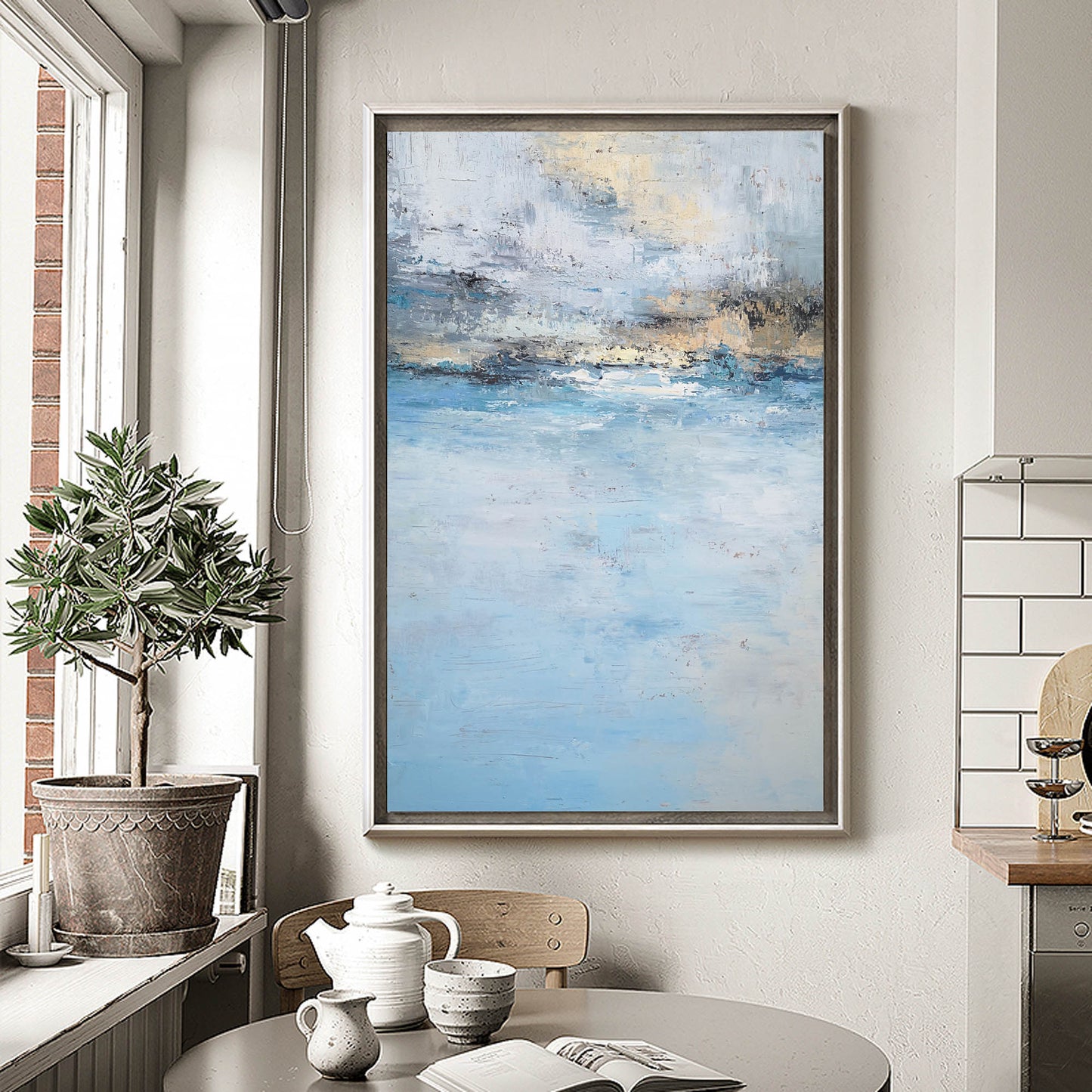 Serene Beach Sunset Oil Painting in Tranquil Blues and Gold Hues