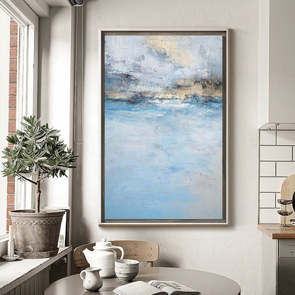 Serene Beach Sunset Oil Painting in Tranquil Blues and Gold Hues